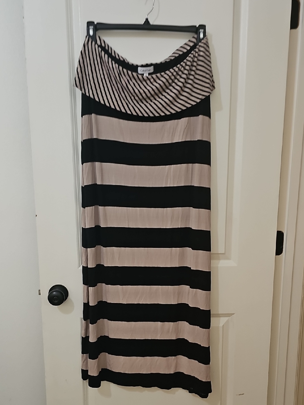 Calvin Klein Striped Fold-Over Maxi Skirt in Black and Beige